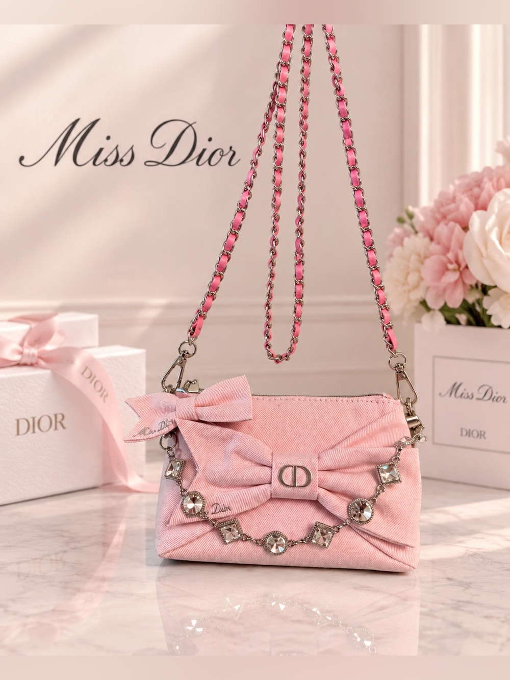 Miss Dior Pink Mini Bow Chain Shoulder Bag with mini keychain